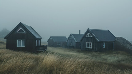 Obraz premium Houses in the fog on a cloudy day 