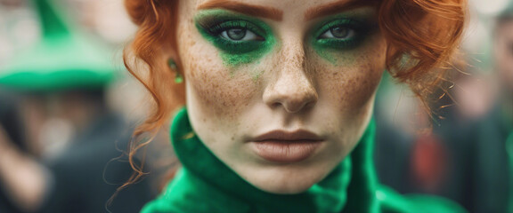 beautiful young red-haired woman with makeup in green tones and emerald clothes at the St. Patrick's
