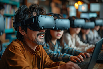 A diverse group enjoys innovative VR entertainment, immersed in fun, at home together.