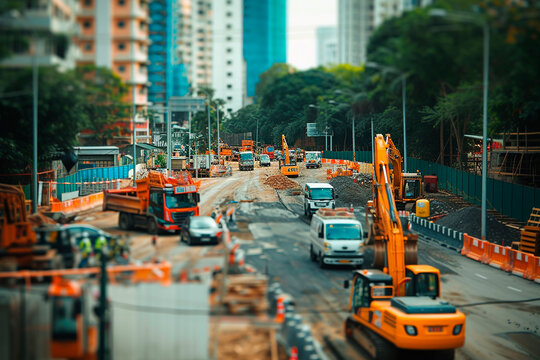 construction site, traffic jam in summer vacation traffic