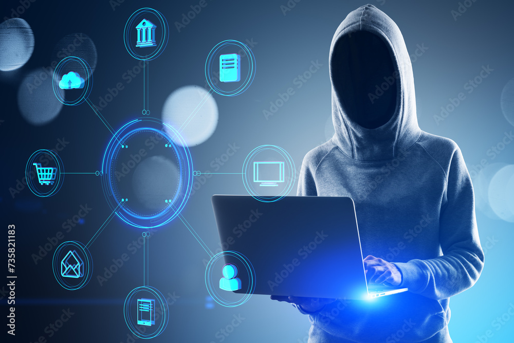 Poster Hacker using laptop with creative round digital interface with various icons. Digital transformation, hacking, online banking, shopping and storage concept.
