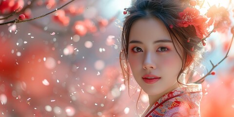 A tender and sensual portrait of a young Asian woman in a blooming garden, wearing a traditional kimono.