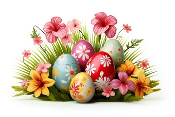 Easter eggs with grass and flowers element isolated on white background Generative Ai