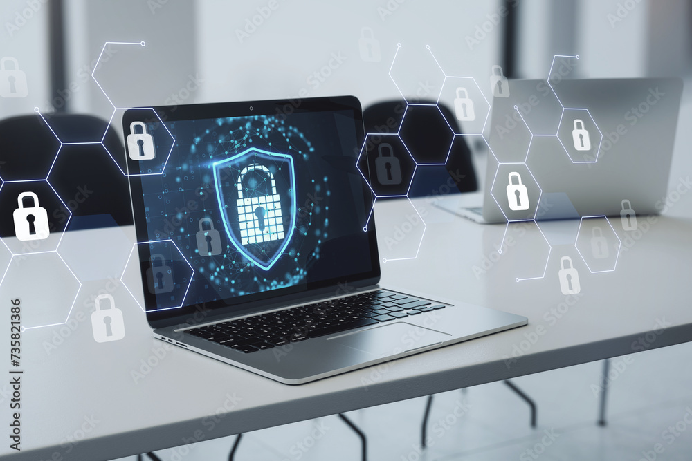 Poster Laptop on a desk displaying a digital security shield amidst virtual lock icons. Data security concept