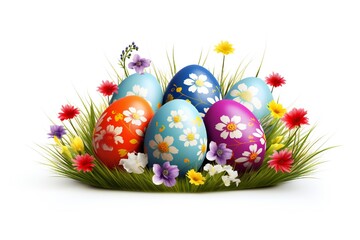 Fototapeta premium Easter eggs with grass and flowers element isolated on white background Generative Ai