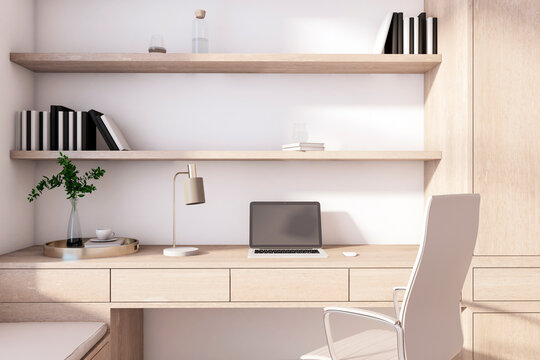 Modern wooden home office with stylish decor and inviting atmosphere. 3D Rendering