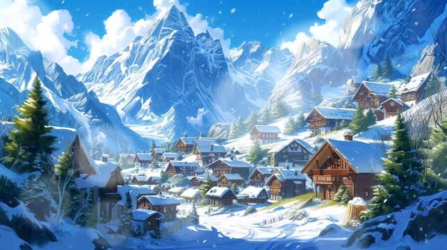 A charming alpine village surrounded by snow-capped peaks. Fantasy landscape anime or cartoon style, seamless looping 4k time-lapse virtual video animation background
