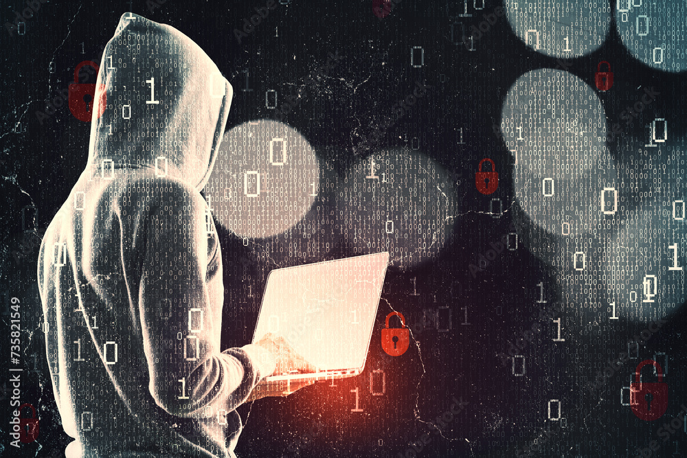 Poster Side view of hacker in hoodie using laptop while standing on abstract dark hacking background with bokeh circles and binary coding. Malware and phishing, data theft concept.