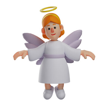  3D illustration. Beautiful 3D Cartoon Angel with white wings. showing a happy smile. in a flying pose. 3D Cartoon Character