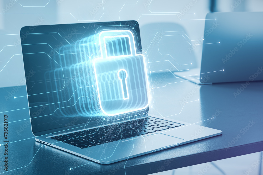 Poster Laptop on a desk with a vibrant cybersecurity lock visualization and digital connections. Network security concept