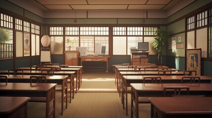 Fototapeta na wymiar Serene Empty Japanese-Style Classroom Interior: Traditional Aesthetic in Educational Space
