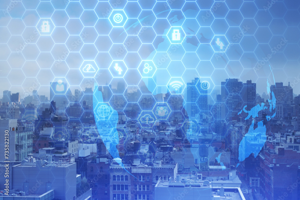 Poster creative city backdrop with hexagonal map hologram. innovation and smart city concept. double exposu