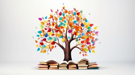 Colorful Books Sprouting from Tree: International Literacy Day Concept