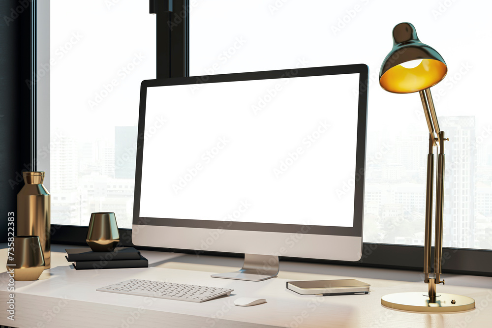 Poster contemporary designer desktop with empty white computer monitor, lamp, supplies and other items. win