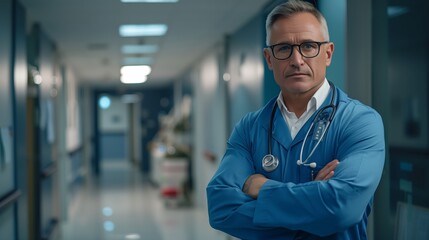 Professional Male Doctor in Hospital Corridor