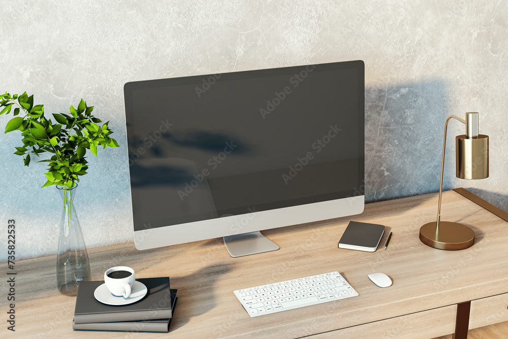 Aufkleber creative designer desktop with empty computer monitor, lamp, supplies and other items. concrete wall