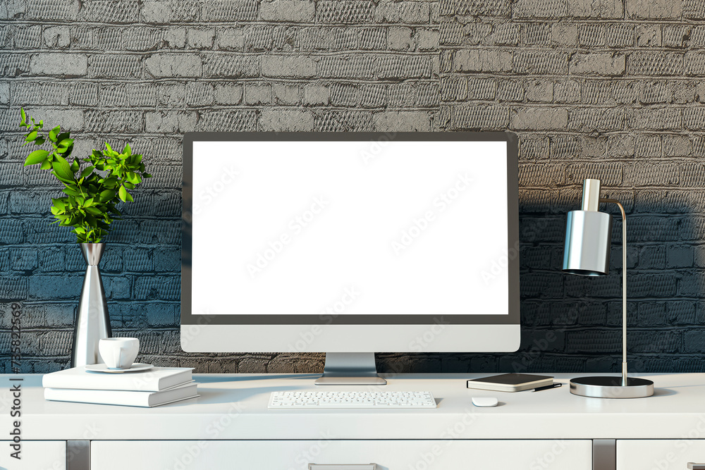 Poster modern designer desktop with empty white computer monitor, lamp, supplies and other items. black bri