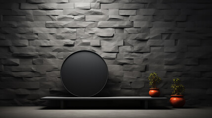 Dark Grey Wall Background made of black bricks with minimal decoration and simple podium. 