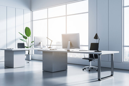 Modern corporate office with white furniture, natural lighting, and a view of the city. Work efficiency. 3D Rendering
