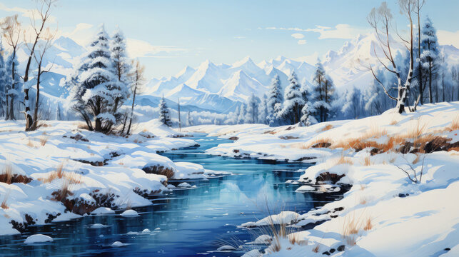 Watercolor winter landscape, forest trees river snow, poster, background, wallpaper, generative AI