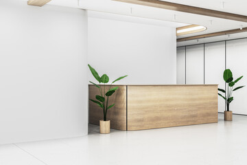 Clean office lobby interior with wooden reception desk and mock up place on concrete wall. 3D Rendering. - obrazy, fototapety, plakaty