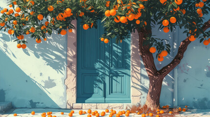 An orange tree stands next to a blue door in an old house