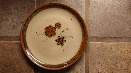 vintage hand painted floral pattern stoneware plate from Tlaquepaque, Jalisco, Mexico 