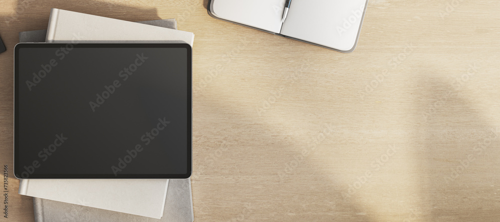 Poster Top view of empty tablet on wooden office desktop with supplies and equipment. Mock up, 3D Rendering.