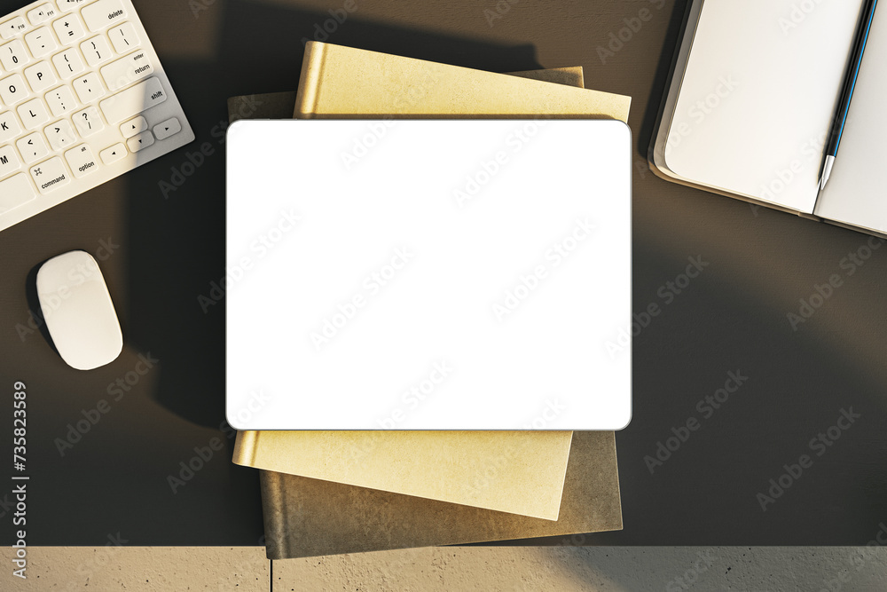 Poster top view of empty white tablet on black office desk with supplies and equipment. mock up, 3d renderi
