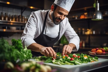 Male chef preparing vegetable vegetarian dish at a professional kitchen - Powered by Adobe