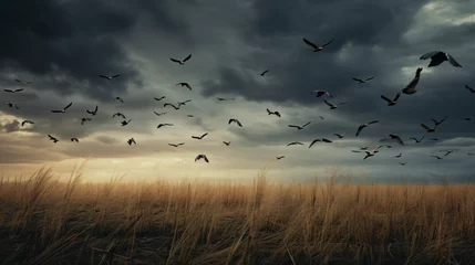 Fotobehang A flock of birds flying over a dry grass field. © Anas