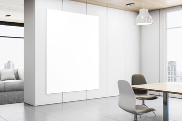 Modern meeting room interior with blank mock up banner on wall, furniture and panoramic window with city view. 3D Rendering.