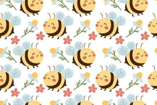 Seamless pattern with bee cartoons and little flowers on white background vector illustration. Cute cartoon character , flat doodle insect pattern for your design paper or fabric print.