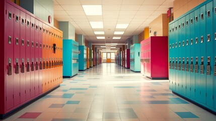 Colorful School Lockers in Well-Lit Hallway, Educational Environment Concept
