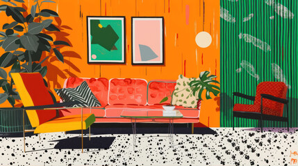 Illustration of a colorful room interior with a sofa in the middle
