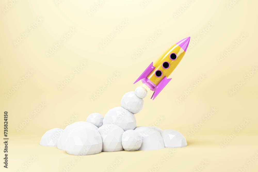 Aufkleber minimalistic 3d rocket taking off, low poly clouds on a soft yellow background. success concept. 3d 