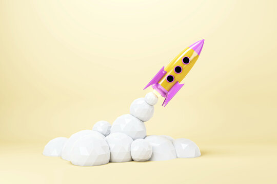 Minimalistic 3D rocket taking off, low poly clouds on a soft yellow background. Success concept. 3D Rendering
