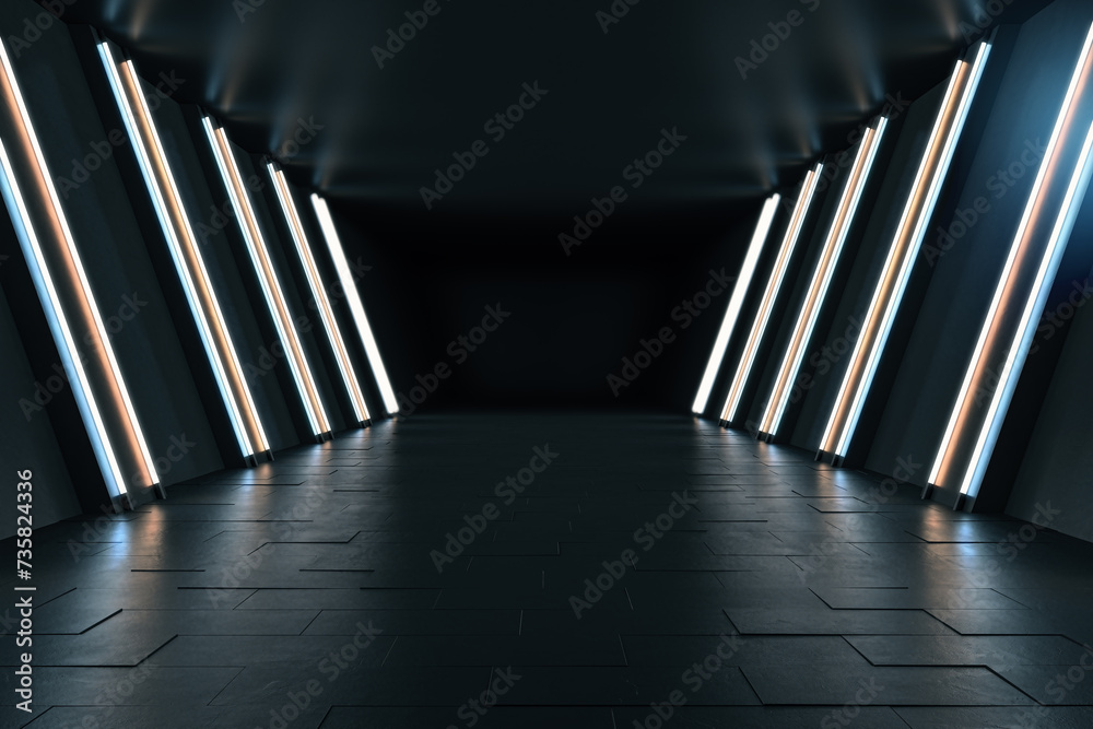 Poster modern spacious dark tunnel interior with mock up place. 3d rendering.
