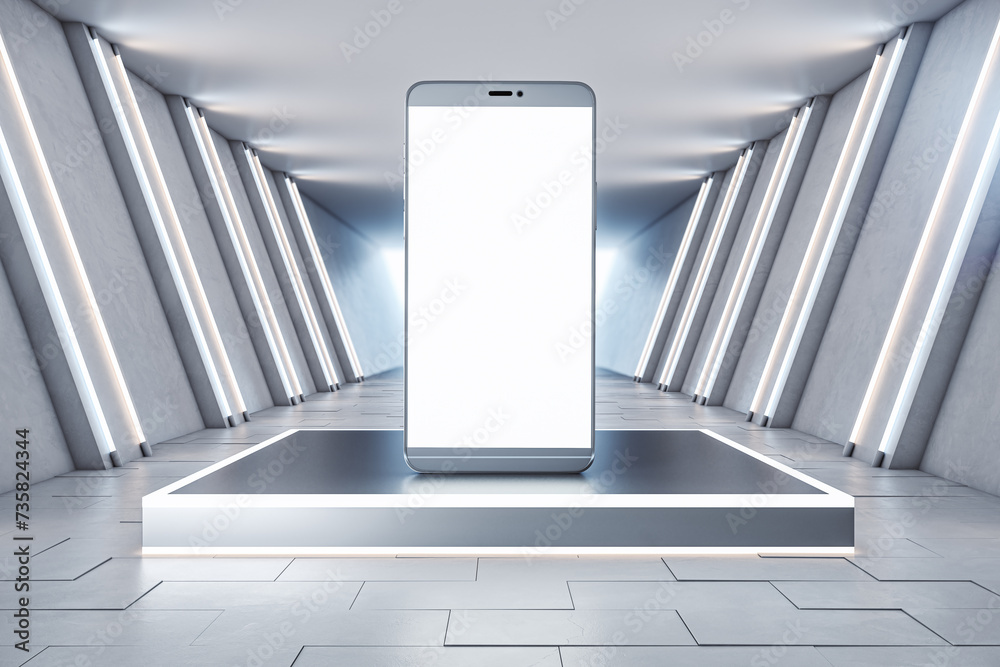 Poster modern spacious light tunnel interior with empty white smartphone on pedestal and mock up place. 3d 
