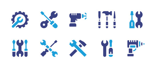 Tools icon set. Duotone color. Vector illustration. Containing maintenance, drill, repair tools, settings, tools, labor day, hand drill, tool, spanner.