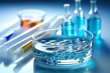 Pipette with sample of cosmetic product in petri dish on blue background, selective focus