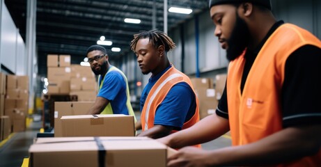 Employees scanning and sorting boxes in warehouse, combining tech with manual skill.