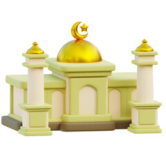 3D Model of Mosque with Golden Dome and Crescent Moon Symbol