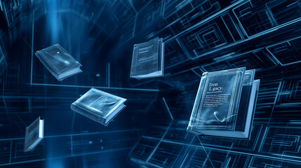 Ethereal blue book floats amidst futuristic tech backdrop, evoking imagination and learning allure 3