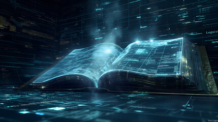 Ethereal blue book floats amidst futuristic tech backdrop, evoking imagination and learning allure 2 - obrazy, fototapety, plakaty
