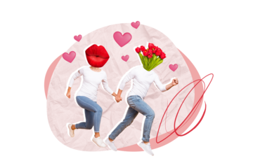 Photo picture collage poster postcard artwork of weird people going romantic event honeymoon isolated on drawing background