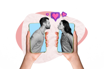 Creative photo collage poster postcard artwork sketch of two people telephone display enjoy romance isolated on drawing background