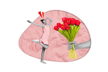 Photo picture 3d collage poster postcard artwork of positive joyful girl rejoice receive red fresh flower isolated on drawing background