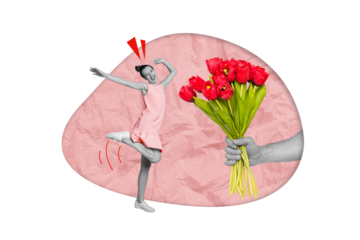 Photo picture 3d collage poster postcard artwork of positive joyful girl rejoice receive red fresh flower isolated on drawing background