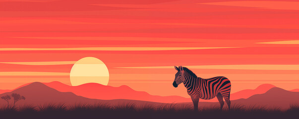 Fototapeta na wymiar Zebra in the African savanna at sunset light, panoramic view, illustration generative AI 